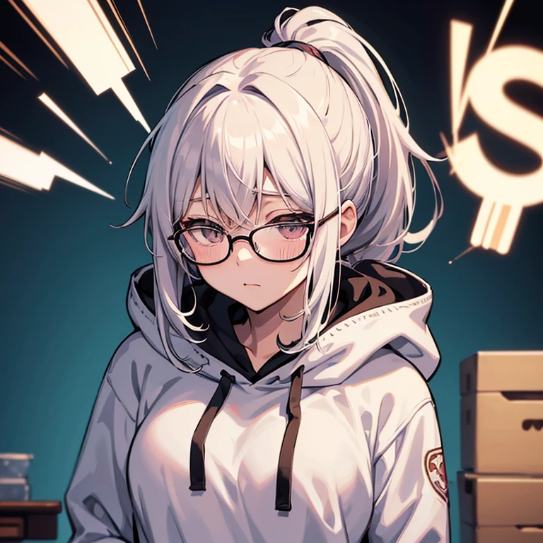 messy hair、dull bangs、messy hair、Sloppy、cross-eyed、drunk、( fool / Sexual ecstasy)、Glasses、highest quality, Super delicate illustration, Beautiful charming anime girl, slender body, tied hair, one girl,wearing a hood,hoodie、bust shot、ponytail、cool