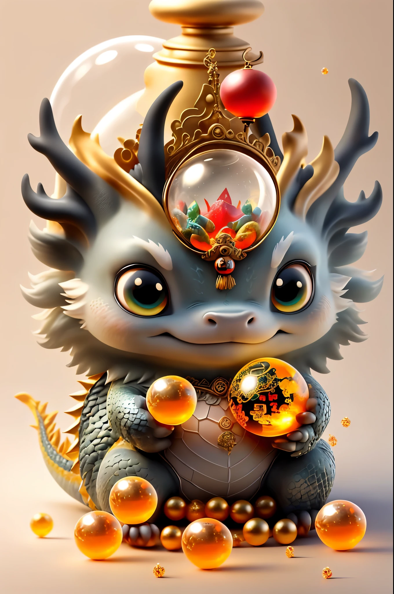 chinese dragon holding a crystal clear ball，Majestic，background black，The picture quality is delicate，k hd，The expression is amiable