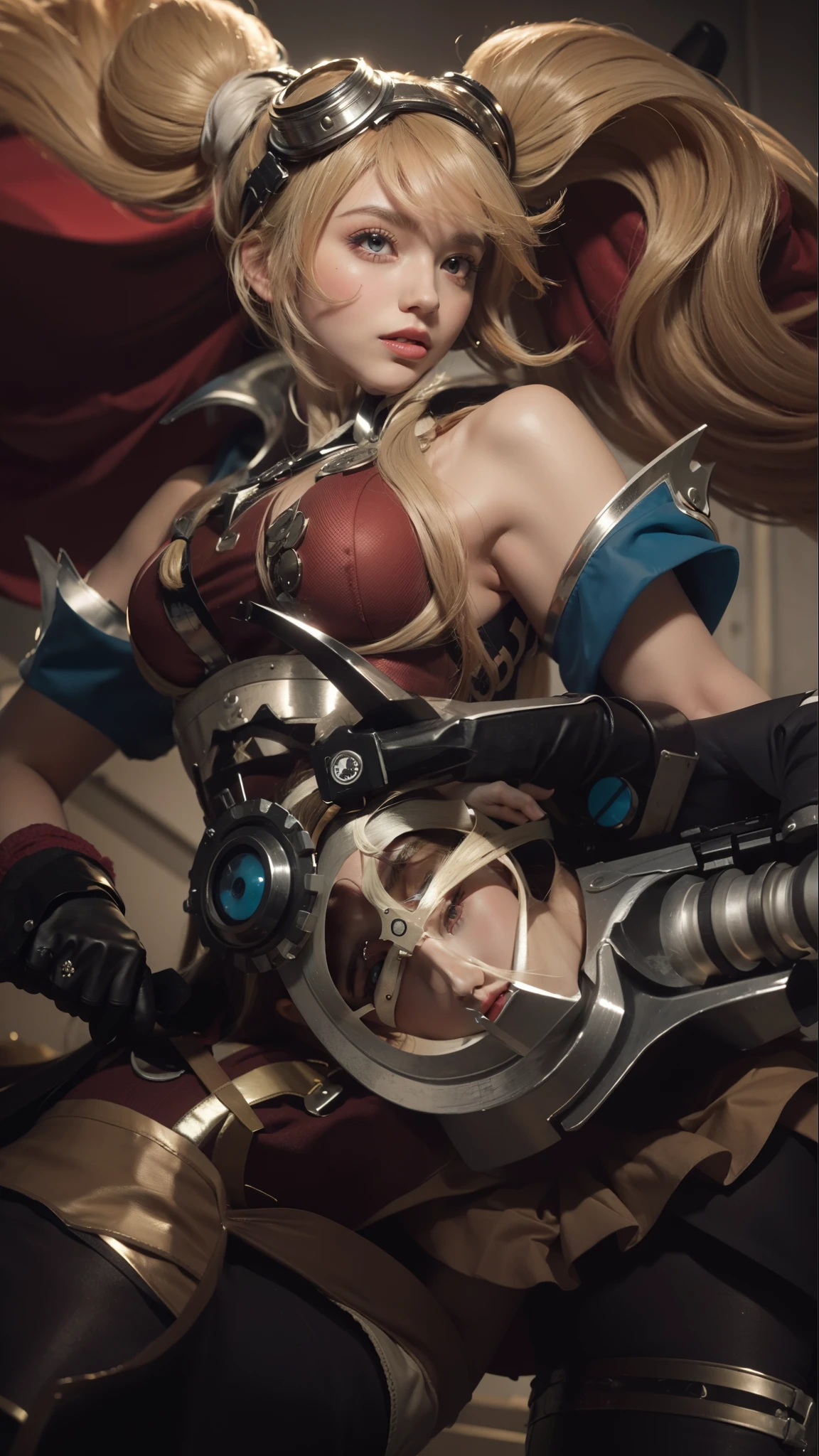 Ultra realistic  girl, cos , long blonde hair with braided bangs , medieval samurai armor , katanas, flat breasts , garterbelt long socks , menacing face , sensuous , Dungeonpunk .SEXY CORPO, Waist slender
