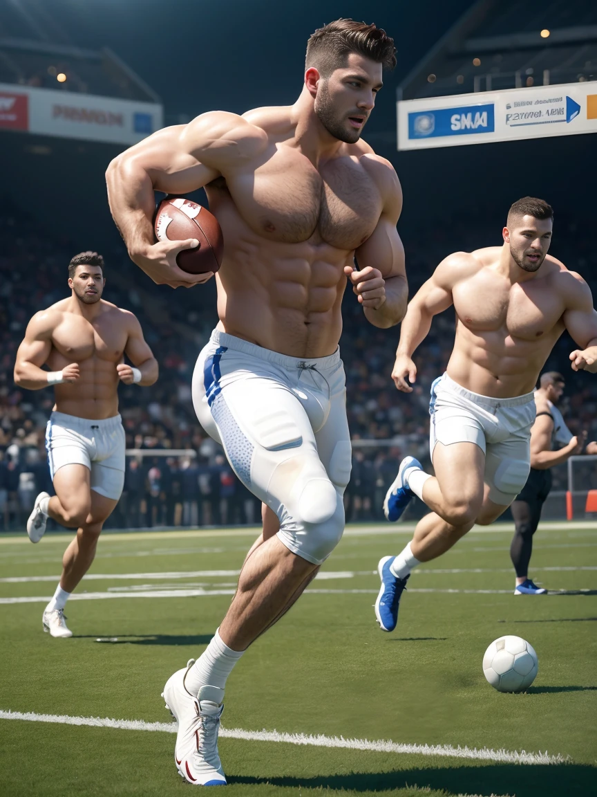 8k，8K resolution，2 Muscular Europeans, handsome man，charming eyes，White skin,beautiful, smooth and shiny，Full pectoral muscles，Thick body hair，naked， white pants，Big bag highlights，emphasize，Wearing gym shorts，naked，Playing football on the field with many people，(Two men running with footballs at their feet)，Many people are chasing，Colliding，best quality，professional lighting，Professional photography，Realistic photos，realistic model，realistic art