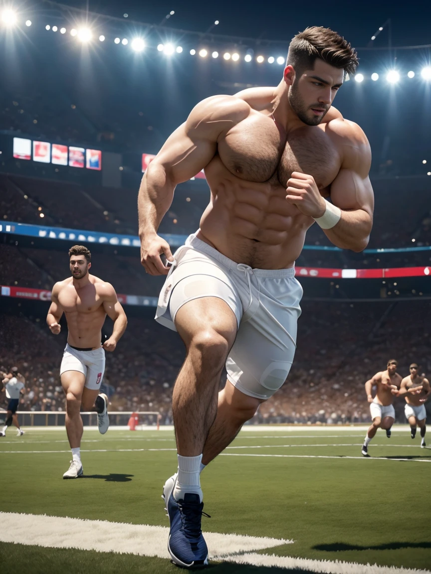 8k，8K resolution，2 Muscular Europeans, handsome man，charming eyes，White skin,beautiful, smooth and shiny，Full pectoral muscles，Thick body hair，naked， white pants，Big bag highlights，emphasize，Wearing gym shorts，naked，Playing football on the field with many people，(Two men running with footballs at their feet)，Many people are chasing，Colliding，best quality，professional lighting，Professional photography，Realistic photos，realistic model，realistic art