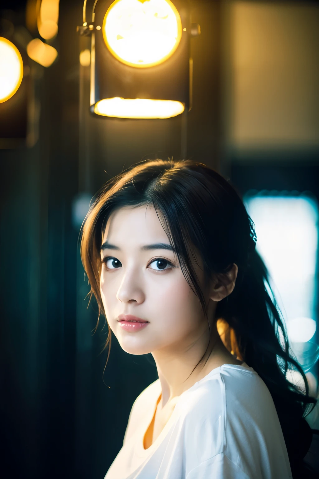 (8K, RAW photo, highest quality, High resolution:1.1), (hyperrealistic:1.4),(realistic, photorealistic:1.3), soft light,realistic face,realistic body,realistic skin,disorganized,masterpiece,(cute:1.8),(leaning forward:1.8),(From above:1.2),(close:1.4),crawl on all fours,throw,( Detailed white loose t-shirt:1.2),(Beautiful breasts:0.9),(long hair,ponytail),(big:1.2),cleavage,fine black eyes,innocent eyes,droopy eyes,Watery eye,open lips,blush,good style,cinema light,film Grain,close,look viewer,full Body,Depth of field, blurred background,Eye focus,young,85mm lens, f/ 1.4,professional lighting,portrait,photon mapping,radio city,Physically based rendering,Transparency,Day本の女の子,Day,Sunny,outdoor