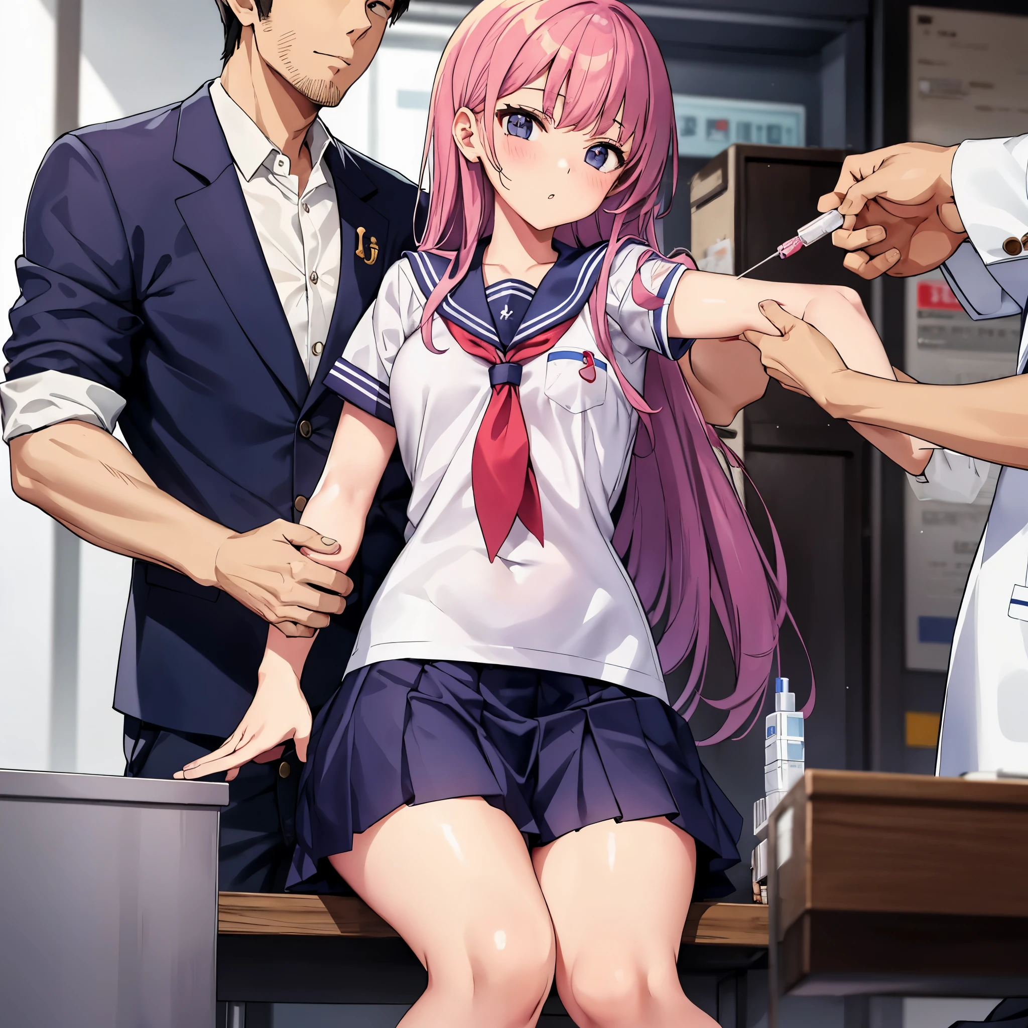 High school girl in a sailor suit receiving vaccination、a man grabs your arm、Take the syringe and stick it into your upper arm.。.