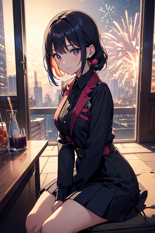1 woman, detailed outfit, indoors, at cocktail party, new years, fireworks in the window outside, sitting, vibrant colors, masterpiece, sharp focus, best quality, depth of field, cinematic lighting, more prism, anime