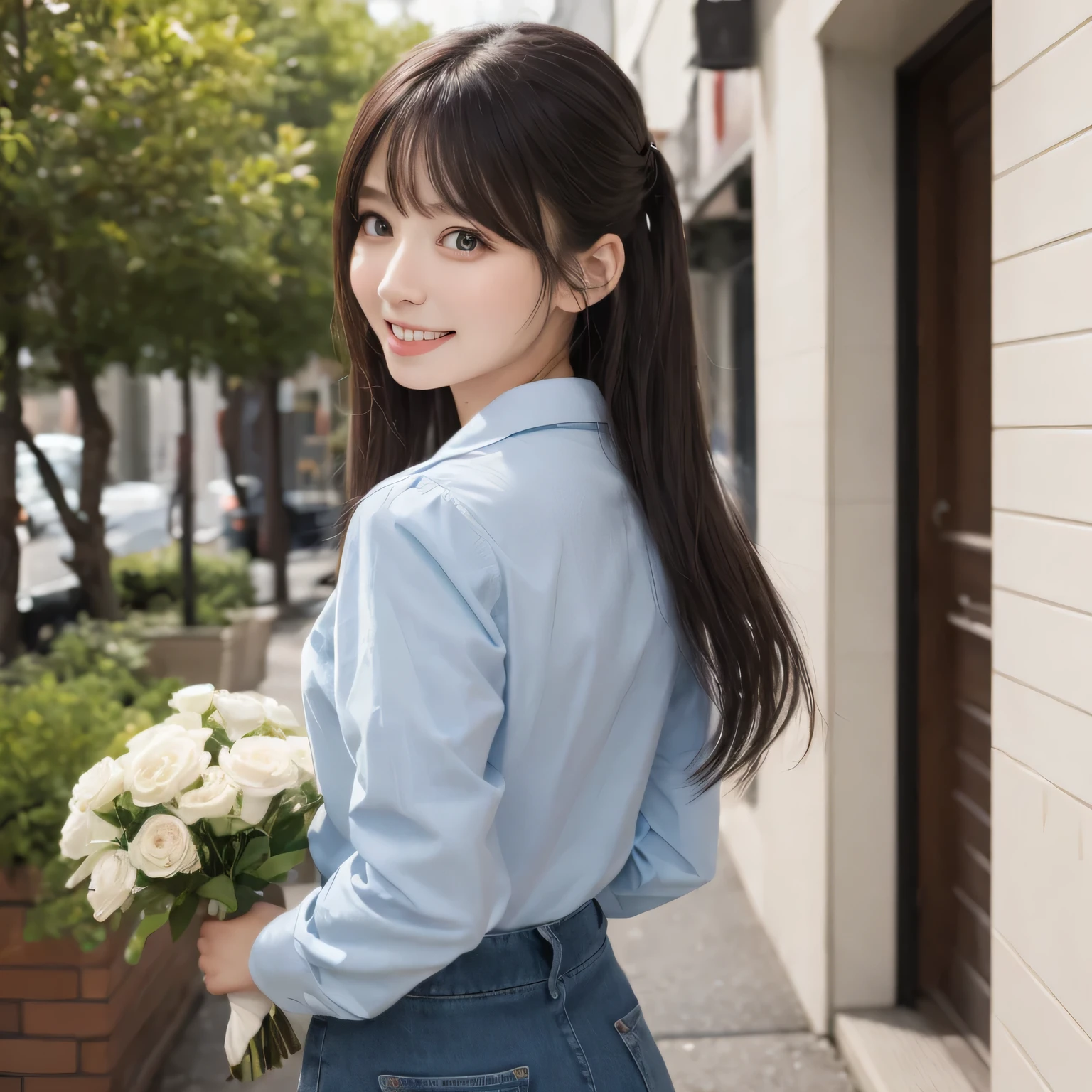 on the table, best quality, illustration, Super detailed, fine details, high resolution, 8k wallpaper, Perfect dynamic composition, Beautiful and delicate eyes,whole body摄影，show your whole body、collared shirt、long gray hair, Bold sexy pose,Smile,Harajuku、20 year old girl、huge :1.5、Look at the sexy shots of the camera, whole body, Rear view、Holding a bouquet of flowers