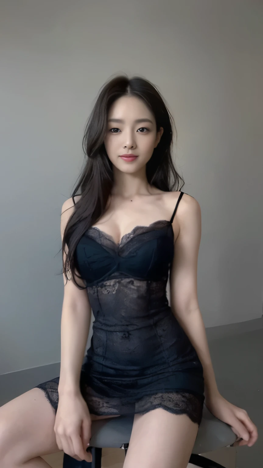 ((top-quality、8k、​masterpiece:1.3))、Beautiful woman with perfect body:1.4、slim abdomen:1.2、Longhair, normal breast, Highly detailed facial and skin texture, A detailed eye, (smile), (full body shot), ((studio)), (sitting on the chair), (((wearing black night dress)), looking in front, (((plain grey background:1.2)))