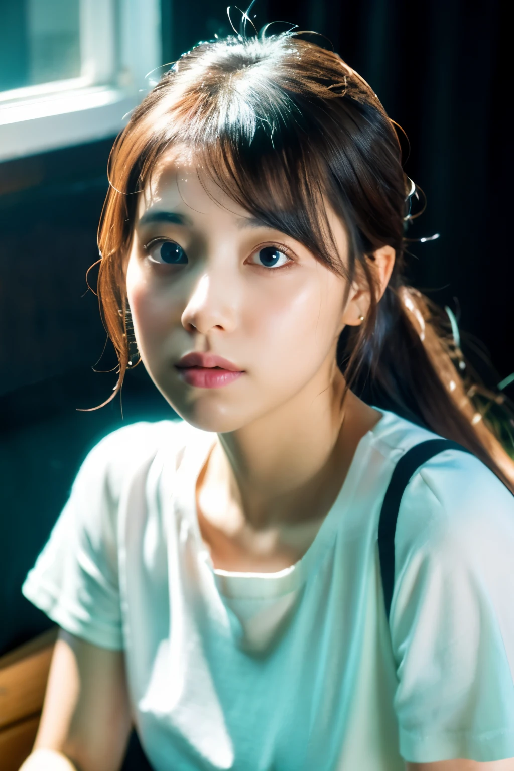(8K, RAW photo, highest quality, High resolution:1.1), (hyperrealistic:1.4),(realistic, photorealistic:1.3), soft light,realistic face,realistic body,realistic skin,disorganized,masterpiece,(cute:1.8),(leaning forward:1.8),(From above:1.2),(close:1.4),crawl on all fours,throw,( Detailed white loose t-shirt:1.2),(Beautiful breasts:0.9),(long hair,ponytail),(big:1.2),cleavage,fine black eyes,innocent eyes,droopy eyes,Watery eye,open lips,blush,good style,cinema light,film Grain,close,look viewer,full Body,Depth of field, blurred background,Eye focus,young,85mm lens, f/ 1.4,professional lighting,portrait,photon mapping,radio city,Physically based rendering,Transparency,Day本の女の子,Day,Sunny,outdoor
