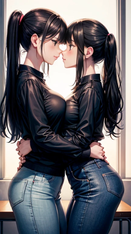 two  girls，angry look，equivalent height，In the classroom，black hair ponytail，face each other and look at each other，hug each other，two bodies are close together，kiss、Picture of two people、Holding hands and facing each other、Photograph of two people facing each other、Push each other、Stick your boobs and boobs together、super huge boobs、very big breasts、super big breasts、skinny jeans、Leopard print bra