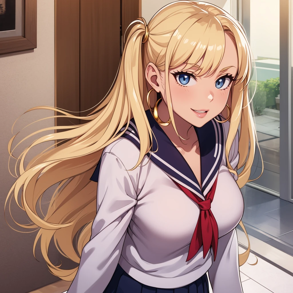beautiful背景, Detail view, accurate drawings.detailed background、Amazing small details、masterPiece、highest quality、Very detailed CG,ultra clear,
Photorealistic:1.37、highest quality、super detailed、A high resolution、masterpiece, cute, 4K, 8K, beautiful, world class quality, very detailed, High resolution, (Detailed Shadow beautiful Face), whole body, Rich movement,heart-shaped eyes,deep skin, black skin:1.3, sunburned skin,Kogal, Black gal,巻き毛のblondeの髪, high school student,curvaceous physique,butt sticking out, big round ass, standing position, Pants fully visible, shiny hair, shiny eyes, shiny skin, fascinating, 1 girl with a sly smile,  (((slut))),hoop earrings, swollen lips, painted lips, thick lips. 
blondeの髪, short twin tails, wide hips, thick thighs, huge tits wavy hair,blonde,tight school uniform、tight sailor suit、Thighs and skirt、mini skirt、ColorfulＴWearing a back、panties