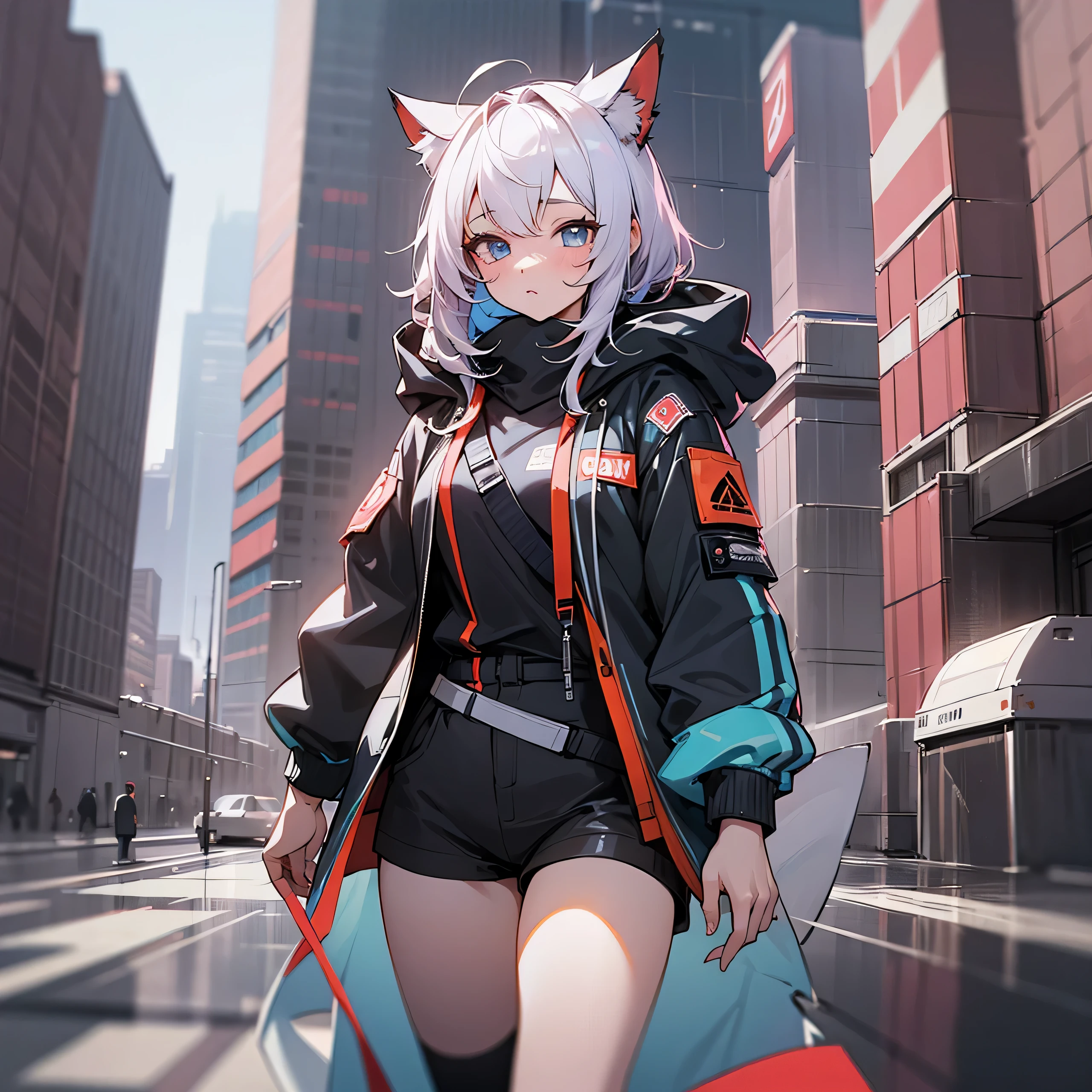 perspective, top quality, best quality, High-quality illustrations, masterpiece, (angelic cute 1girl, kemono, solo focus)(furry anthro)Night sky, skyscraper, Shining neon, Illuminated billboards, Laser lights extending from buildings to the sky, full moon(highly detailed beautiful face and eyes)absurdres, perfect anatomy,