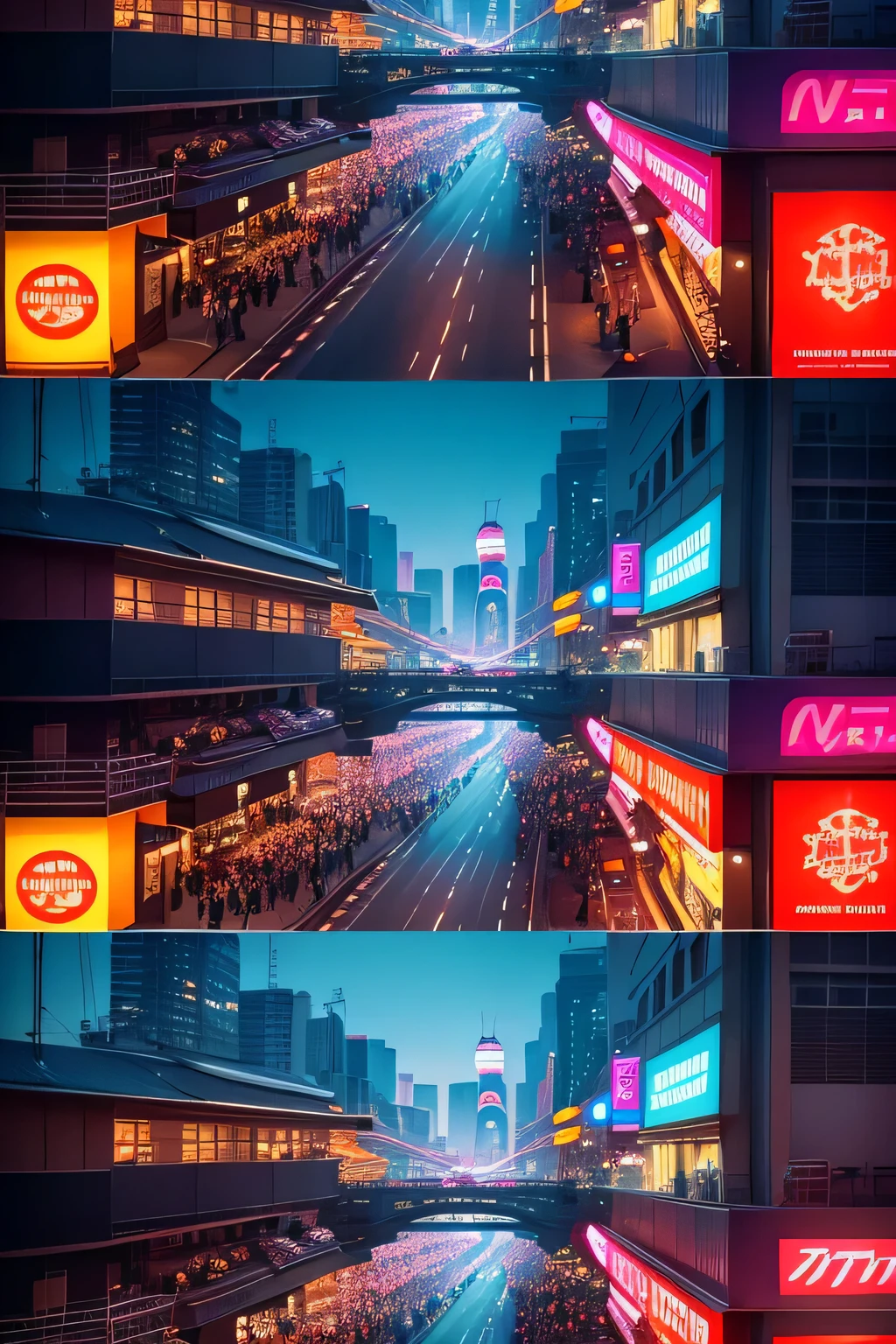 Compile a dynamic collage showcasing the vibrant nightlife of Dotonbori, with neon lights, street performers, and the energetic atmosphere of the district after dark