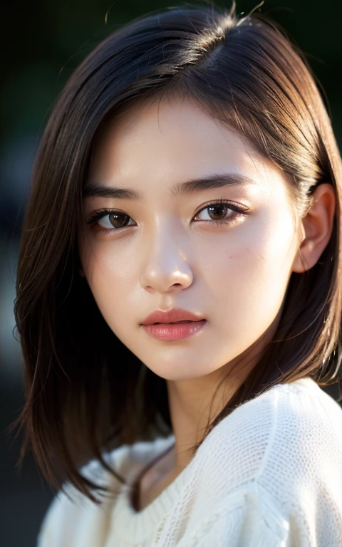 (Photoreal:1.4), (surreal:1.4), (smooth lighting:1.05), 1 girl, (sad:1.4), mouth is slightly open, neat beauty, 22 years ago, soft lighting, Backlight, (cheerfulness:1.2), (Highest quality real texture skin), narrow eyes, super fine face, glowing skin, retina, anatomically correct, acura, Super detailed, rough skin, high quality, advanced details, 最high quality, High resolution, sweater