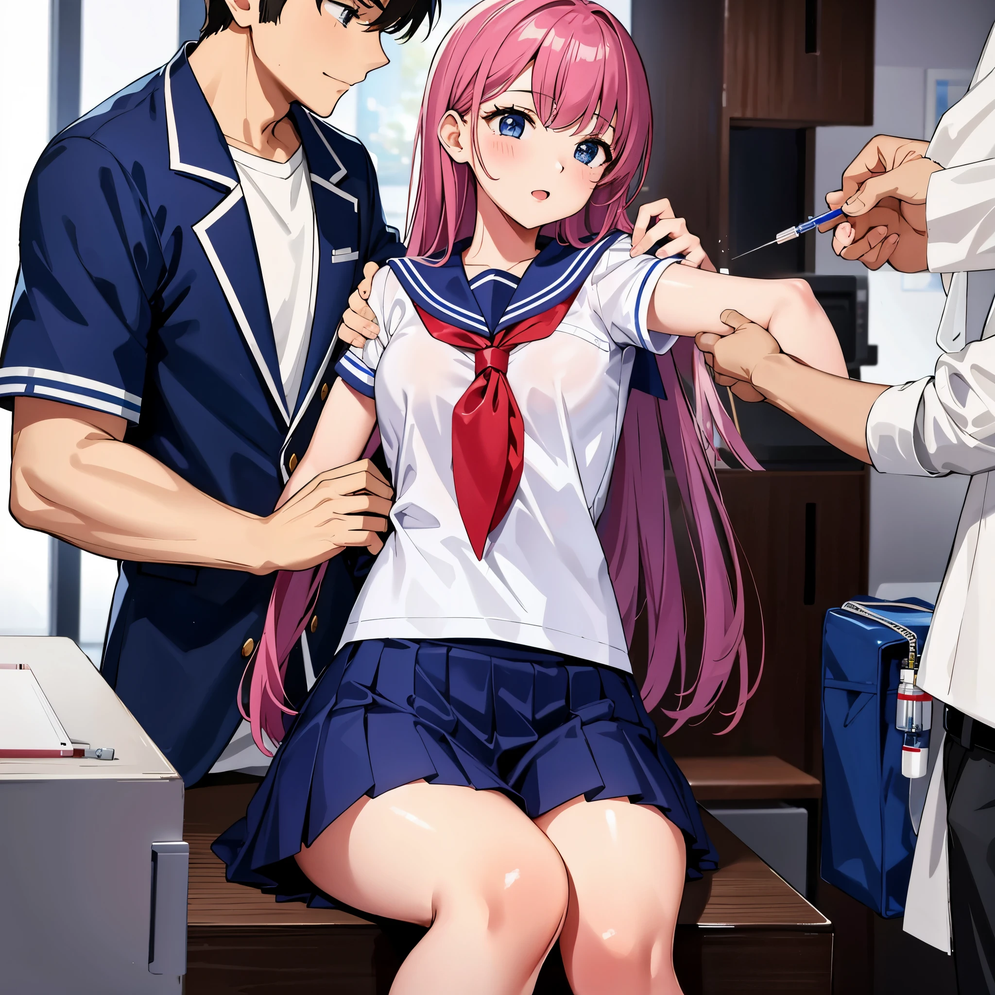 High school girl in a sailor suit receiving vaccination、a man holds a syringe