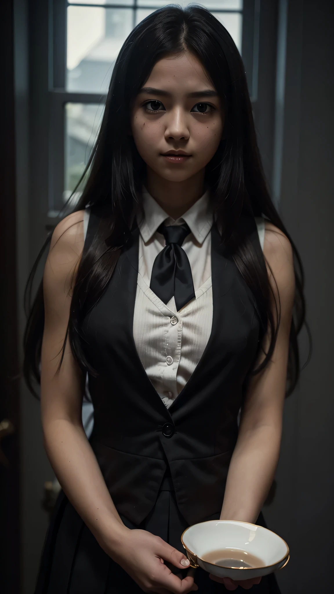 最high quality、best image quality、masterpiece、teenage girl((height: 150cm,JK、16 years old、 By becoming、vest bust、medium bust,wide open breast tea、black eye, black hair、long hair、thin,highest valley、black school uniform)),high quality、beautiful art、background((School)),debris flies、Depth of written boundary、movie、visual art、perfect art、8K,genuine