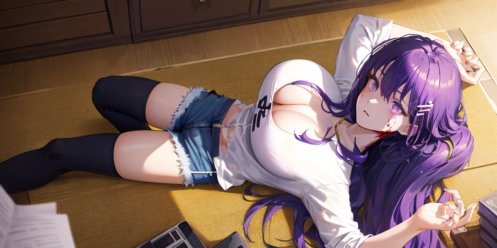 (Lying on the ground), rail, 1 girl, alone, ((white shirt)), black Thighhighs, big breasts, cleavage, uniform, office background, ((Killed)), ((From above)), (cinematic lighting), (Put your arms on the ground), (Bloody ground), dutch angle, ((Bloody ground)), ((Bloody Body)), ((rape face)), (((horror))), denim shorts, office, hair between eyes, golden hair ornament, large chest, long hair, purple hair, Purple claws, purple eyes, alone, Thighhighs, beautiful thighs, very long hair, ((masterpiece)), name tag, id tag, indoor, golden hair clip, mature woman