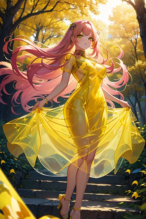 {{{{masterpiece}}}}, {{{super detailed}}}, {{{High resolution}}}, {{excellent anatomy}}, (((highest quality))), ((very delicate and beautiful)), {{very detailed and delicate}}, {8k cg wallpaper},、extremely detailed, solo, perfect face, pretty face, highly detailed face,(muste piece), (best quality)、One female、best style、beautiful woman、The most beautiful woman in the world、(((yellow transparent dress:1.5))),((big breasts))、(((long pink hair)))、a 黄色 tree lined path with leaves on the ground, breath-taking Beautiful trees, breath - taking Beautiful trees, The blossoming path to heaven, Vivid but gloomy gold, Golden Autumn, wonderful, yellow carpeted, Yellow hue, Beautiful trees,golden leaves