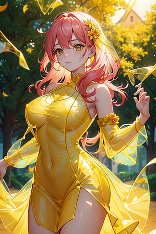 {{{{masterpiece}}}}, {{{super detailed}}}, {{{High resolution}}}, {{excellent anatomy}}, (((highest quality))), ((very delicate and beautiful)), {{very detailed and delicate}}, {8k cg wallpaper},、extremely detailed, solo, perfect face, pretty face, highly detailed face,(muste piece), (best quality)、One female、best style、beautiful woman、The most beautiful woman in the world、(((yellow transparent dress:1.5))),((big breasts))、(((long pink hair)))、a 黄色 tree lined path with leaves on the ground, breath-taking Beautiful trees, breath - taking Beautiful trees, The blossoming path to heaven, Vivid but gloomy gold, Golden Autumn, wonderful, yellow carpeted, Yellow hue, Beautiful trees,golden leaves