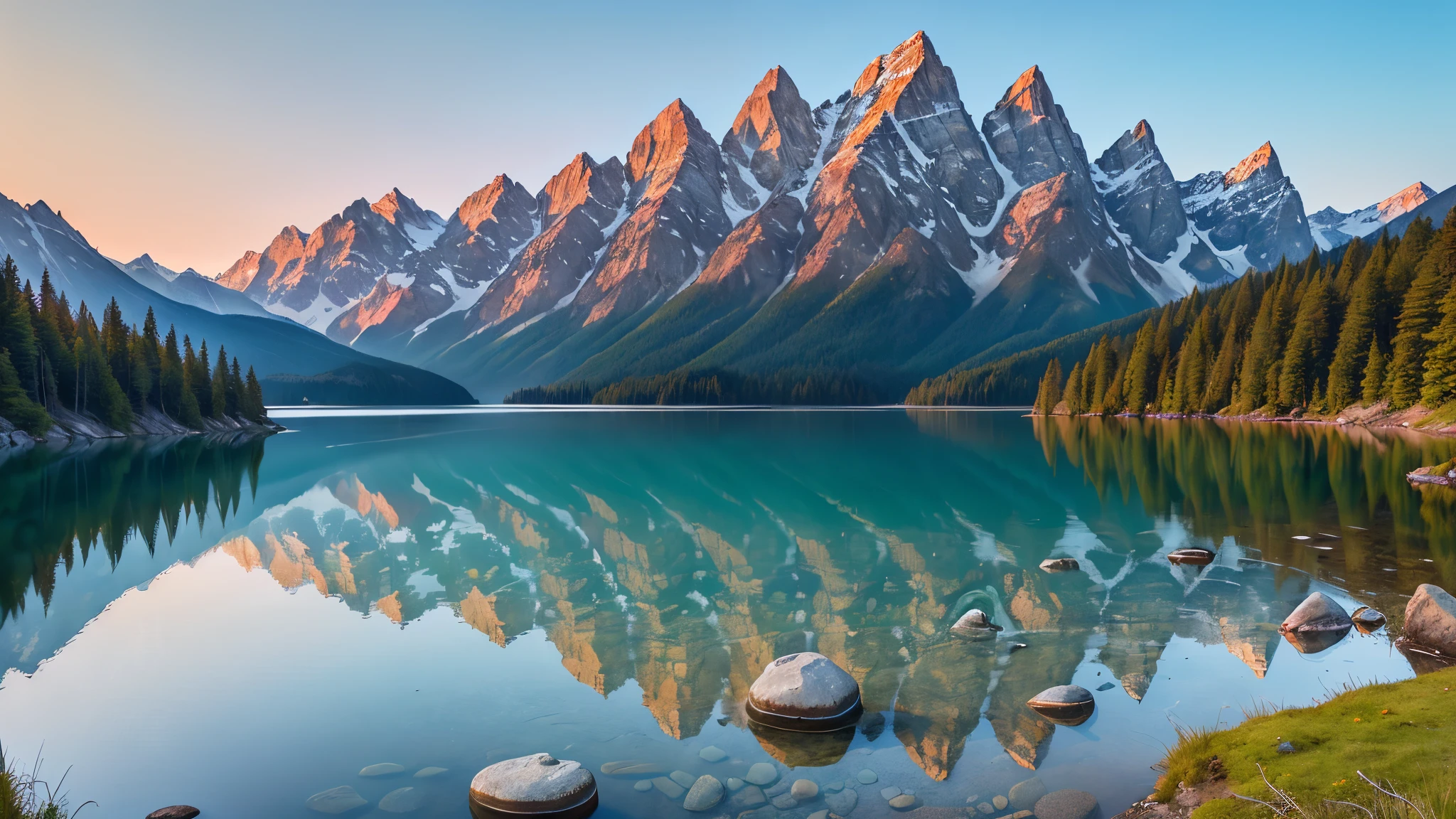 STUNNING LANDSCAPE, NATURE'S MASTERPIECE, REALISTIC, HIGH DEFINITION, DETAILED, 4K, HDR, EPIC, INTRICATE, BREATHTAKING,
(serene lake), (mountain range in the background), (crystal clear water reflecting the mountains), (lush greenery surrounding the lake), (sun setting behind the mountains), (realistic textures: 1.4), (wildlife roaming freely nearby), (detailed rocks and pebbles), (shimmering water and ripples), (vibrant colors: 1.2), (clear