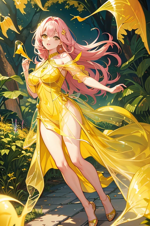 {{{{masterpiece}}}}, {{{super detailed}}}, {{{High resolution}}}, {{excellent anatomy}}, (((highest quality))), ((very delicate and beautiful)), {{very detailed and delicate}}, {8k cg wallpaper},、extremely detailed, solo, perfect face, pretty face, highly detailed face,(muste piece), (best quality)、One female、best style、beautiful woman、The most beautiful woman in the world、(((yellow transparent dress:1.5))),((big breasts))、(((long pink hair)))、a 黄色 tree lined path with leaves on the ground, breath-taking Beautiful trees, breath - taking Beautiful trees, The blossoming path to heaven, Vivid but gloomy gold, Golden Autumn, wonderful, yellow carpeted, Yellow hue, Beautiful trees,golden leaves