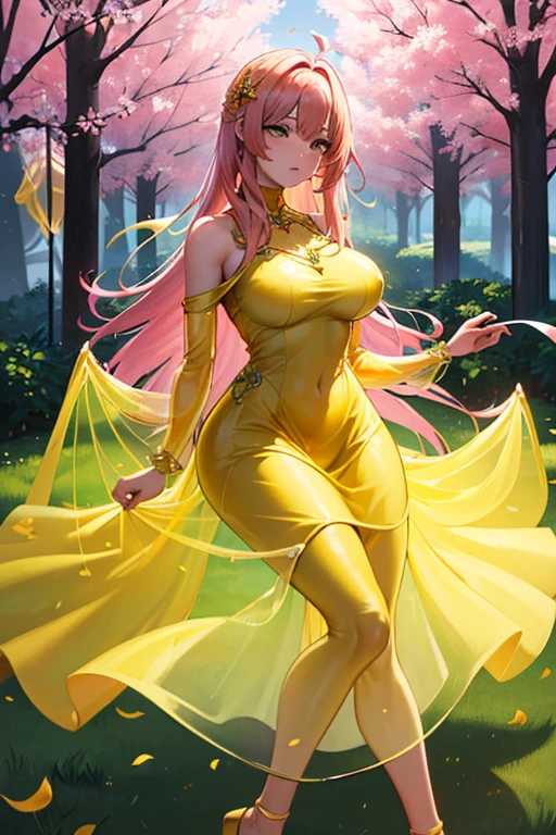 {{{{masterpiece}}}}, {{{super detailed}}}, {{{High resolution}}}, {{excellent anatomy}}, (((highest quality))), ((very delicate and beautiful)), {{very detailed and delicate}}, {8k cg wallpaper},、extremely detailed, solo, perfect face, pretty face, highly detailed face,(muste piece), (best quality)、One female、best style、beautiful woman、The most beautiful woman in the world、(((yellow transparent dress:1.5))),((big breasts))、(((long pink hair)))、a 黄色 tree lined path with leaves on the ground, breath-taking Beautiful trees, breath - taking Beautiful trees, The blossoming path to heaven, Vivid but gloomy gold, Golden Autumn, wonderful, yellow carpeted, Yellow hue, Beautiful trees,golden leaves
