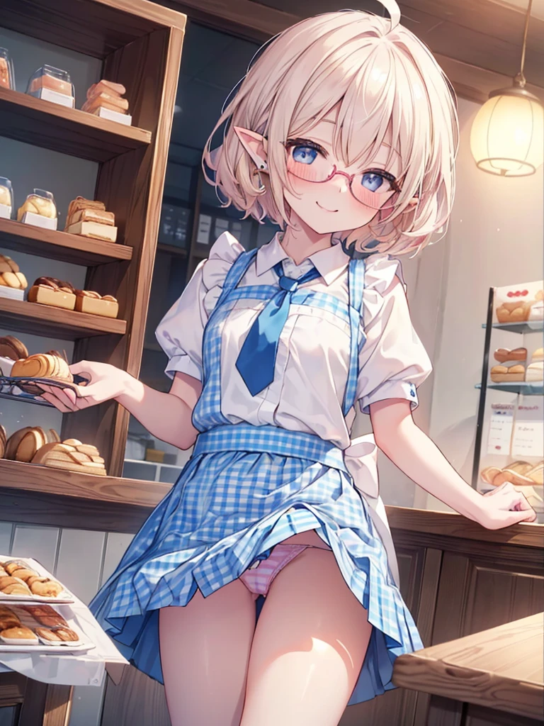 ultra detailed, best quality, high resolution, ((8k)), ((little child:1.4)), ((2girls)), pale skin, petite, (glossy blonde hair), (very short hair), blue eyes, (ahoge:1.3), ((rimless glasses)), ((pointy ears)), (blush:1.5), ((single short braid:0.8)), (happy smile:1.5), ((cowboy shot)), ((watercolor)), ((kobeya waitress, Kobeya bakery uniform, white blouse, blue ribbon tie, blue flare skirt, gingham check apron)), bakery, open mouth, ((panty shot)), white panty, ((skirt lift:1.3)), (nsfw)