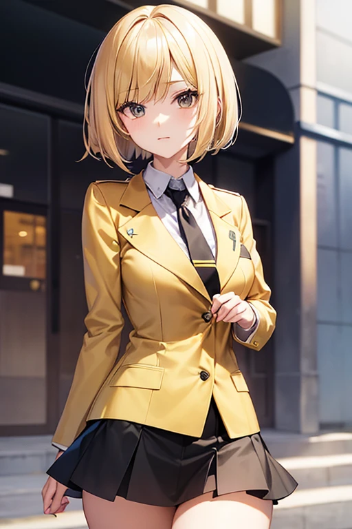 anime style illustration Beautiful short high school girl I'm a student dazzling blonde bob cut eyes are yellow uniform I am wearing a black blazer with the front open. Red tie A black miniskirt