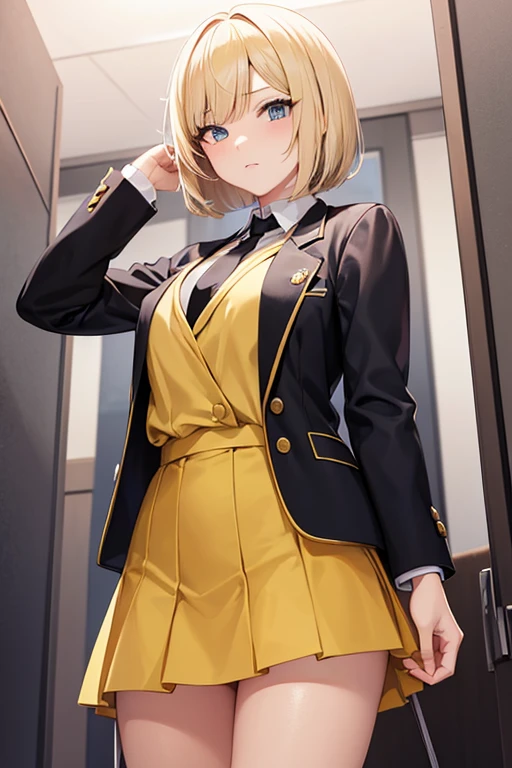 anime style illustration　Beautiful short high school girl　I'm a student　dazzling blonde bob cut　eyes are yellow　uniform　I am wearing a black blazer with the front open.　Red tie　A black miniskirt
