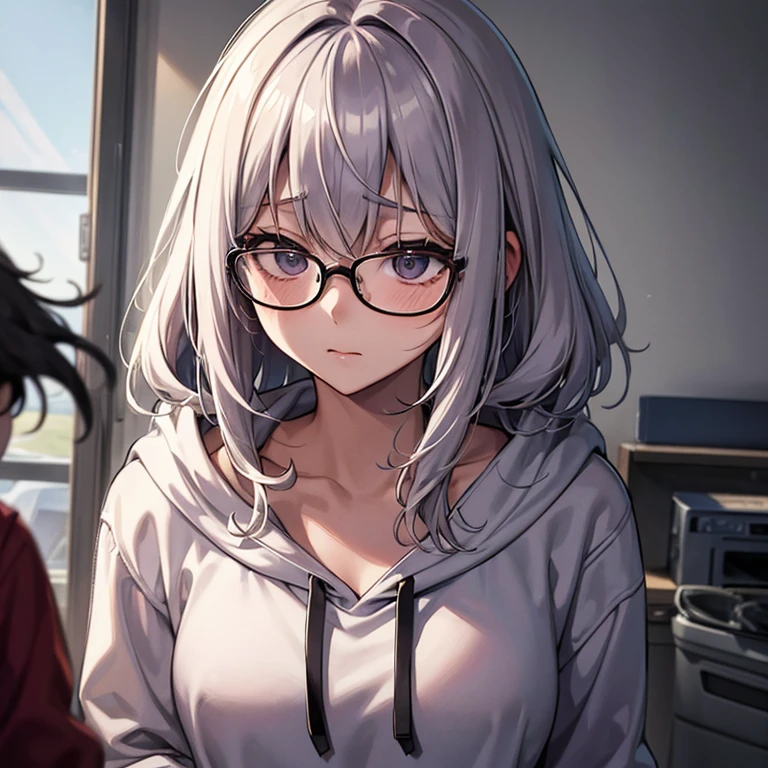 messy hair、dull bangs、messy hair、Sloppy、cross-eyed、drunk、( fool / Sexual ecstasy)、Glasses、highest quality, Super delicate illustration, Beautiful charming anime girl, slender body, tied hair, one girl,wearing a hood,hoodie、close up of face