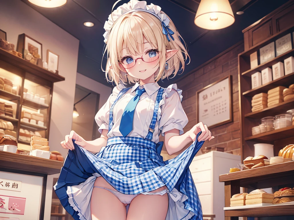 ultra detailed, best quality, high resolution, ((8k)), ((little child:1.4)), ((2girls)), pale skin, petite, (glossy blonde hair), (very short hair), blue eyes, (ahoge:1.3), ((rimless glasses)), ((pointy ears)), (blush:1.5), ((single short braid:0.8)), (happy smile:1.5), ((cowboy shot)), ((watercolor)), ((kobeya waitress, Kobeya bakery uniform, white blouse, blue ribbon tie, blue flare skirt, gingham check apron)), bakery, open mouth, ((panty shot)), ((white panty)), ((skirt lift:1.5)), (nsfw)