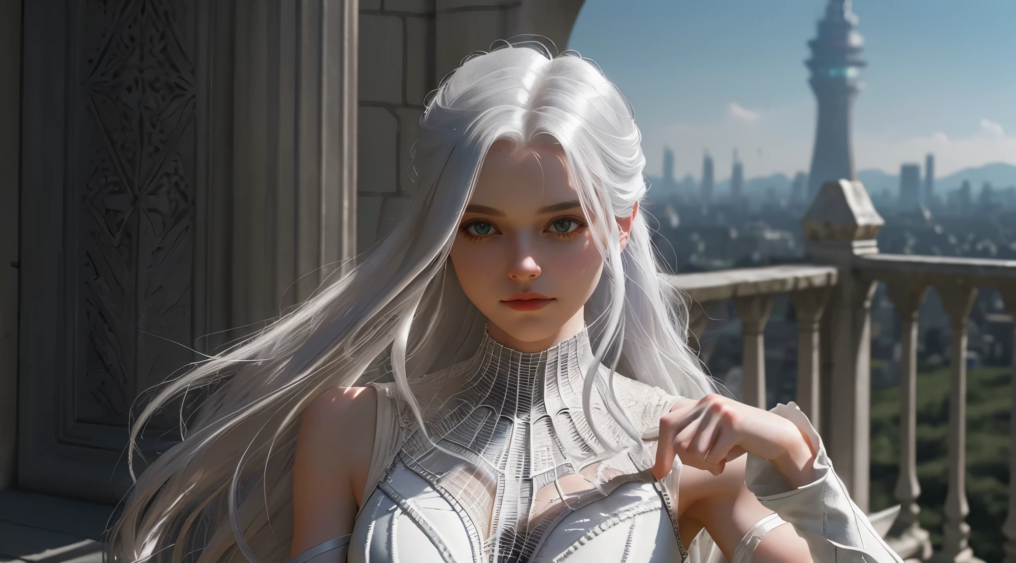 (Extreme Detail CG Unity 8K wallpaper, masterpiece, highest quality), (Exquisite lighting and shadow, highly dramatic picture, Cinematic lens effect), a beautiful girl in a white Spider-Man costume, white lingerie, silver gray hair color, long hair, from the Spider-Man parallel universe, Wenger, Marvel, Spider-Man, on the ancient tower, very beautiful face, dynamic pose), (excellent detail, excellent lighting, wide angle), (excellent rendego on ancient tower, enough to stand out in its clasocus on white Spider-Man costumes, complex spider textures
