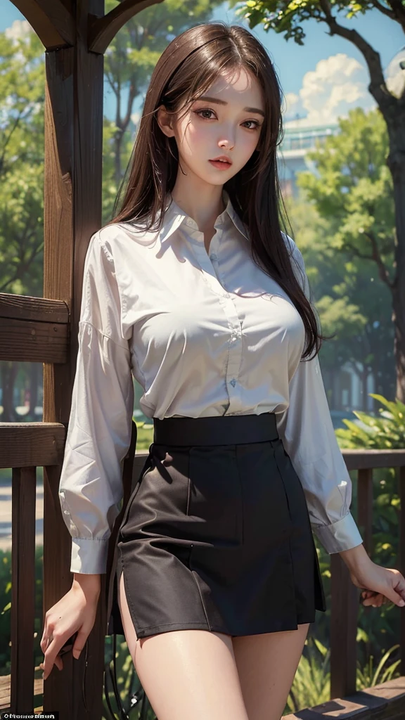 ((Highest quality, 8ก, Masterpiece: 1.3)), Seductive woman, 1 girl, (Slender figure: 1.2), dark brown hair, (outdoor, shirt, short skirt: 1.1), Extraordinarily detailed face, detailed lips, Detailed eyes, Double eyelids, (big breasts: 1.2)