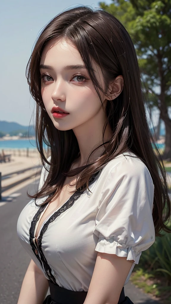 ((Highest quality, 8ก, Masterpiece: 1.3)), Seductive woman, 1 girl, (Slender figure: 1.2), dark brown hair, (outdoor, shirt, short skirt: 1.1), Extraordinarily detailed face, detailed lips, Detailed eyes, Double eyelids, (big breasts: 1.2)