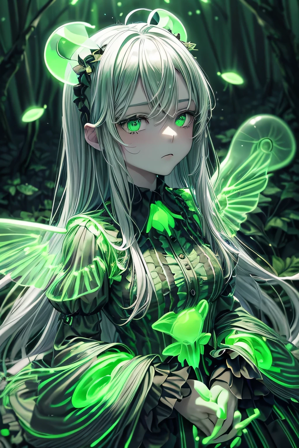 masterpiece, highest quality,(figure:1.0), 1 girl, (Gothic Lolita:1.2), (Black big wings:1.3),(((bioluminescence照明, green light:1.5 ,green lighting:1.5, shades of green:1.5))) , (empty eyes:1.8, crazy eyes:1.3, Dark pupils:1.4), Glowing with black eyes, The sparkle of black hair:1.5, detailed background , (green grass, Aoba), (forest, glow in the dark forest:1.5), (bioluminescent forest:1.5. bioluminescence環境:1.5), Fluorescence environment, (((bioluminescence:1.5))), (((shining particles in the air:1.5, particles of light:1.5,))), Green butterfly, ((night:1.5)), whole body, long hair, silver hair, Ahoge, green eyes, emotionless, (cold attitude:1.2), half closed eyes,