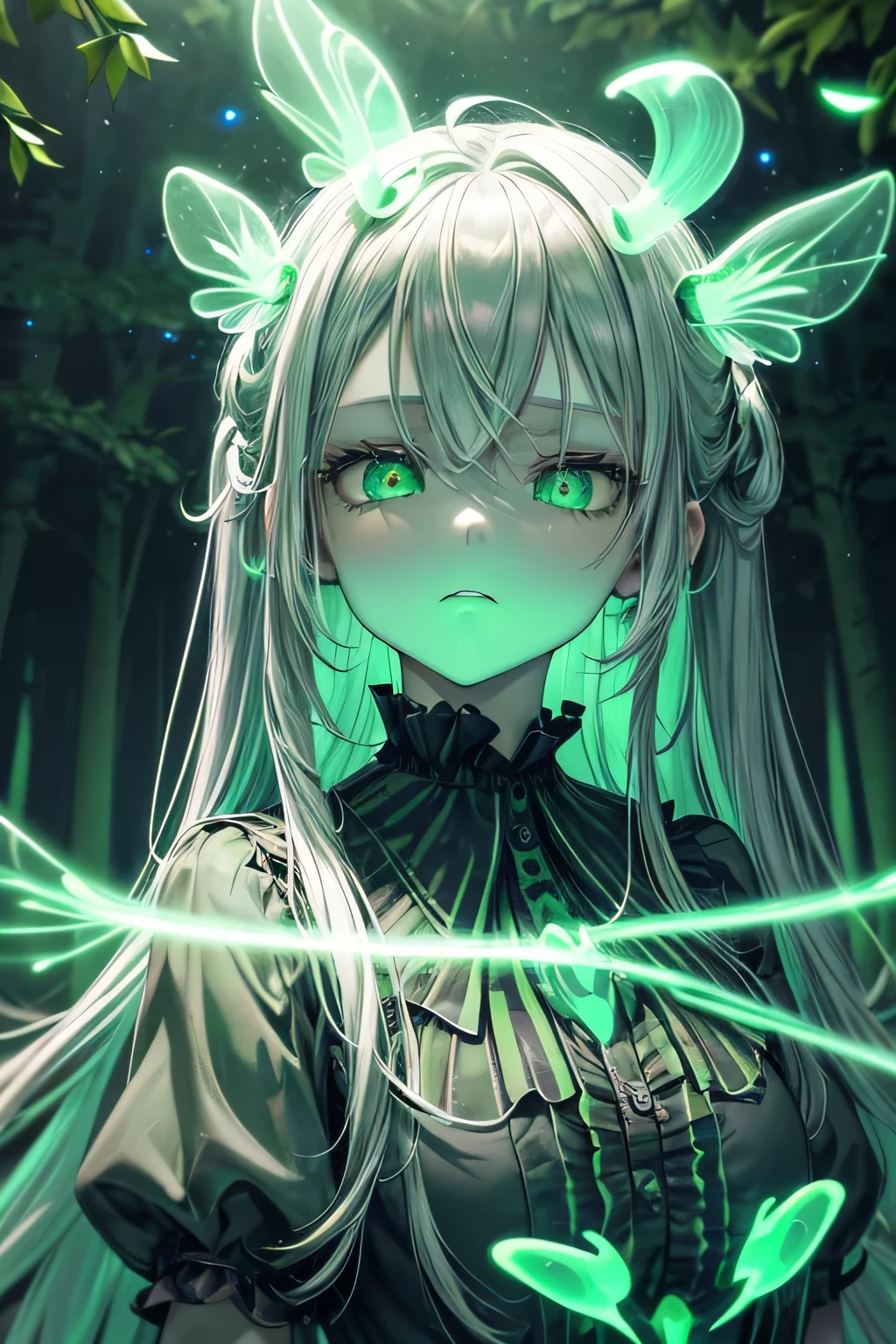 masterpiece, highest quality,(figure:1.0), 1 girl, (Gothic ta:1.2), (Black big wings:1.3),(((bioluminescence照明, green light:1.5 ,green lighting:1.5, shades of green:1.5))) , (empty eyes:1.8, crazy eyes:1.3, Dark pupils:1.4), Glowing with black eyes, The sparkle of black hair:1.5, detailed background , (green grass, Aoba), (forest, glow in the dark forest:1.5), (bioluminescent forest:1.5. bioluminescence環境:1.5), Fluorescence environment, (((bioluminescence:1.5))), (((shining particles in the air:1.5, particles of light:1.5,))), Green butterfly, ((night:1.5)), whole body, long hair, silver hair, Ahoge, green eyes, emotionless, (cold attitude:1.2), half closed eyes,