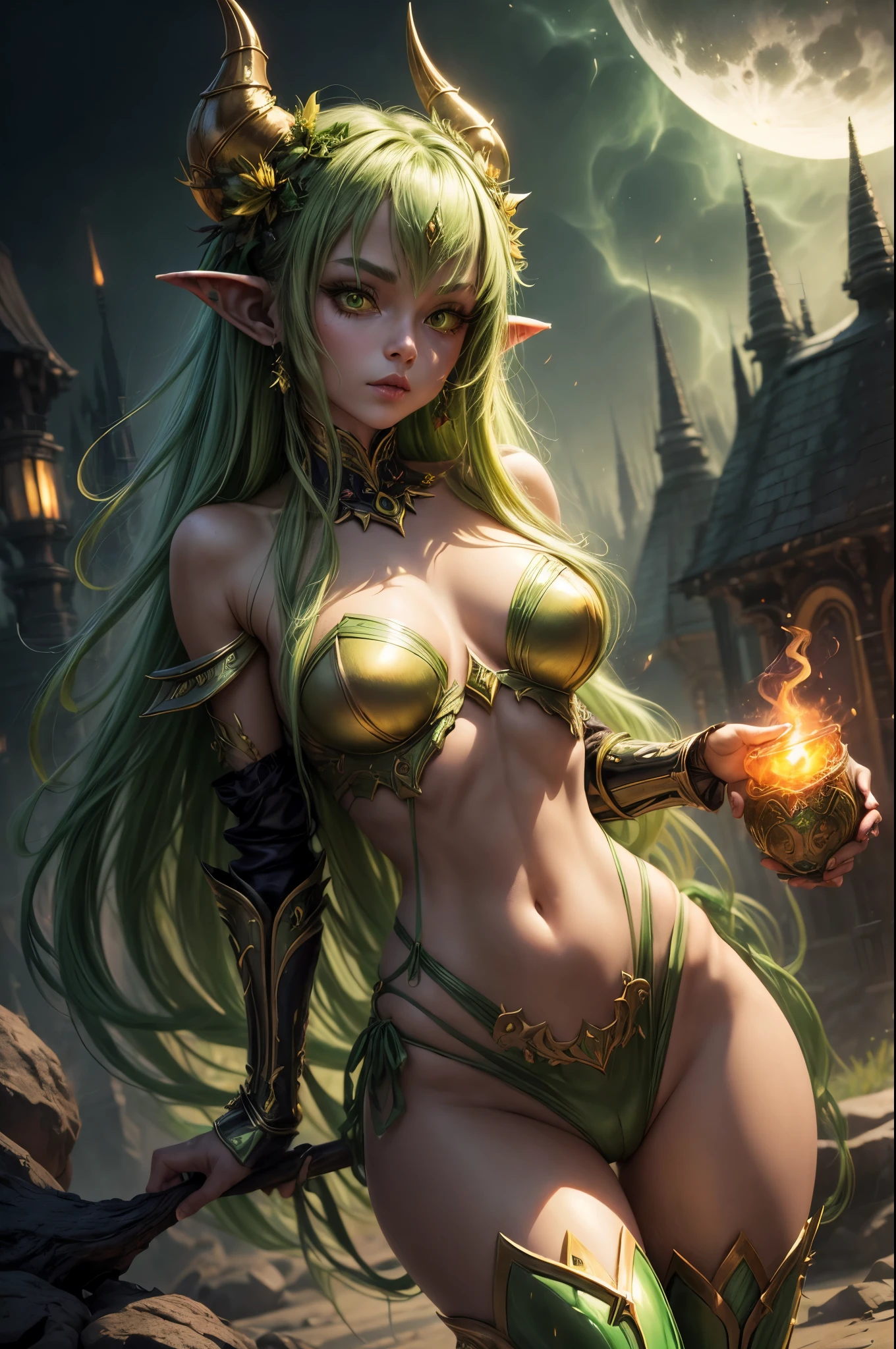 ((Otherworldly)) image of a goblin girl donned in ((sumptuous)) green and gold armor, her beauty shining against the moon, flames flickering around her, smoke creating an alluring atmosphere, a visual masterpiece"