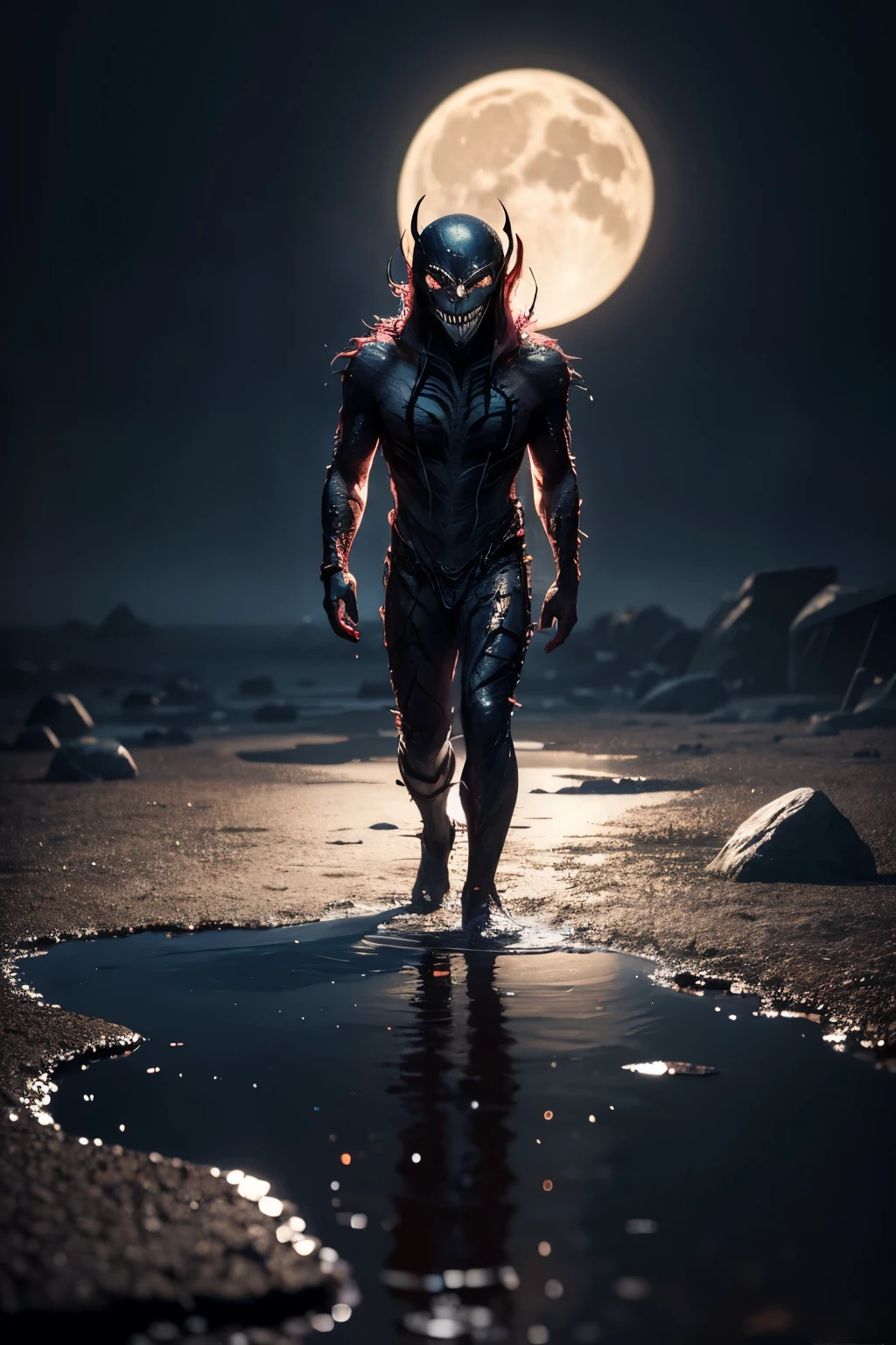 render cross mutation of an gollum with the ring and venom with water splashes and a reflection. hyper realistic light. high color saturation. high contrast. dark digital art. lots of decay and ashes. bright moonlight moon