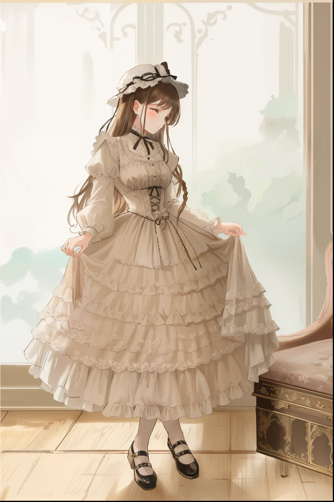 a close up of a young girl in a dress and hat, (brown long hair swept bangs:1.3), closed eyes, rococo ruffles dress, rococo dress, victorian dress, romantic dress, intricate victorian dress, victorian gothic ta fashion, victorian inspired clothing, ornate frilly dress, frilly outfit, victorian style costume, lolityle, with victorian clothing, lolita fon, victorian style, wearing victorian clothes