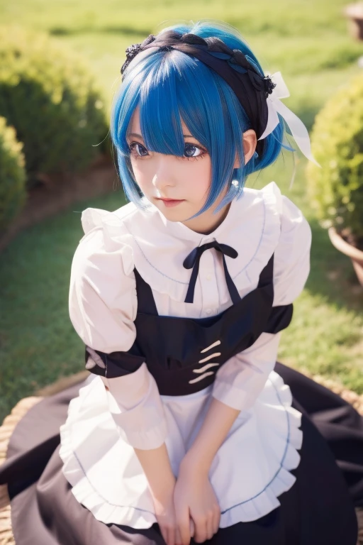 rezerorem, rem, blue eyes, blue hair, hair ornament, hair over one eye, hair ribbon, short hair, x hair ornament, BREAK apron, black ribbon, black skirt, black sleeves, detached collar, detached sleeves, flower, frilled apron, frilled skirt, frills, head wreath, long sleeves, maid, miniskirt, neck ribbon, purple ribbon, ribbon, ribbon trim, ribbon-trimmed sleeves, roswaal mansion maid uniform, short hair, skirt, thighhighs, waist apron, white apron, white thighhighs, BREAK outdoors, city, BREAK looking at viewer, BREAK (masterpiece:1.2), best quality, high resolution, unity 8k wallpaper, (illustration:0.8), (beautiful detailed eyes:1.6), extremely detailed face, perfect lighting, extremely detailed CG, (perfect hands, perfect anatomy),