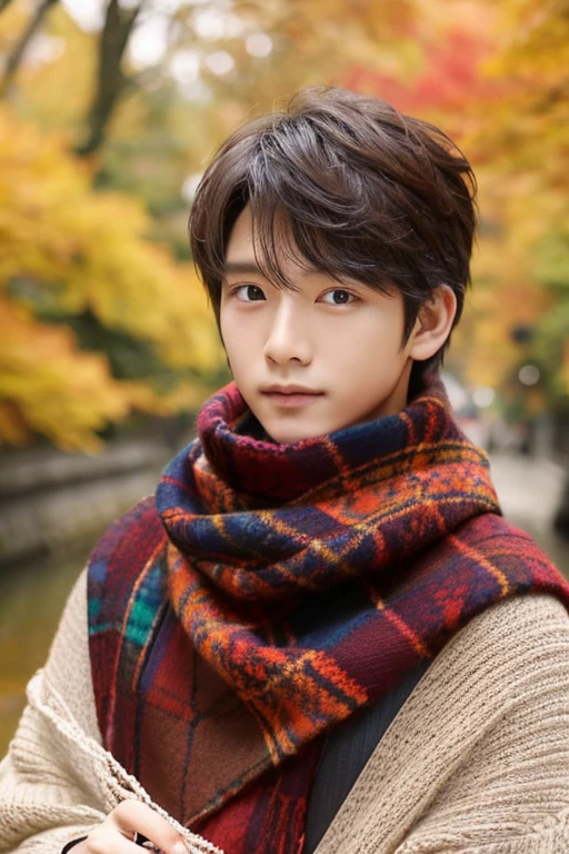highest quality, river、male、sweater、autumn leaves