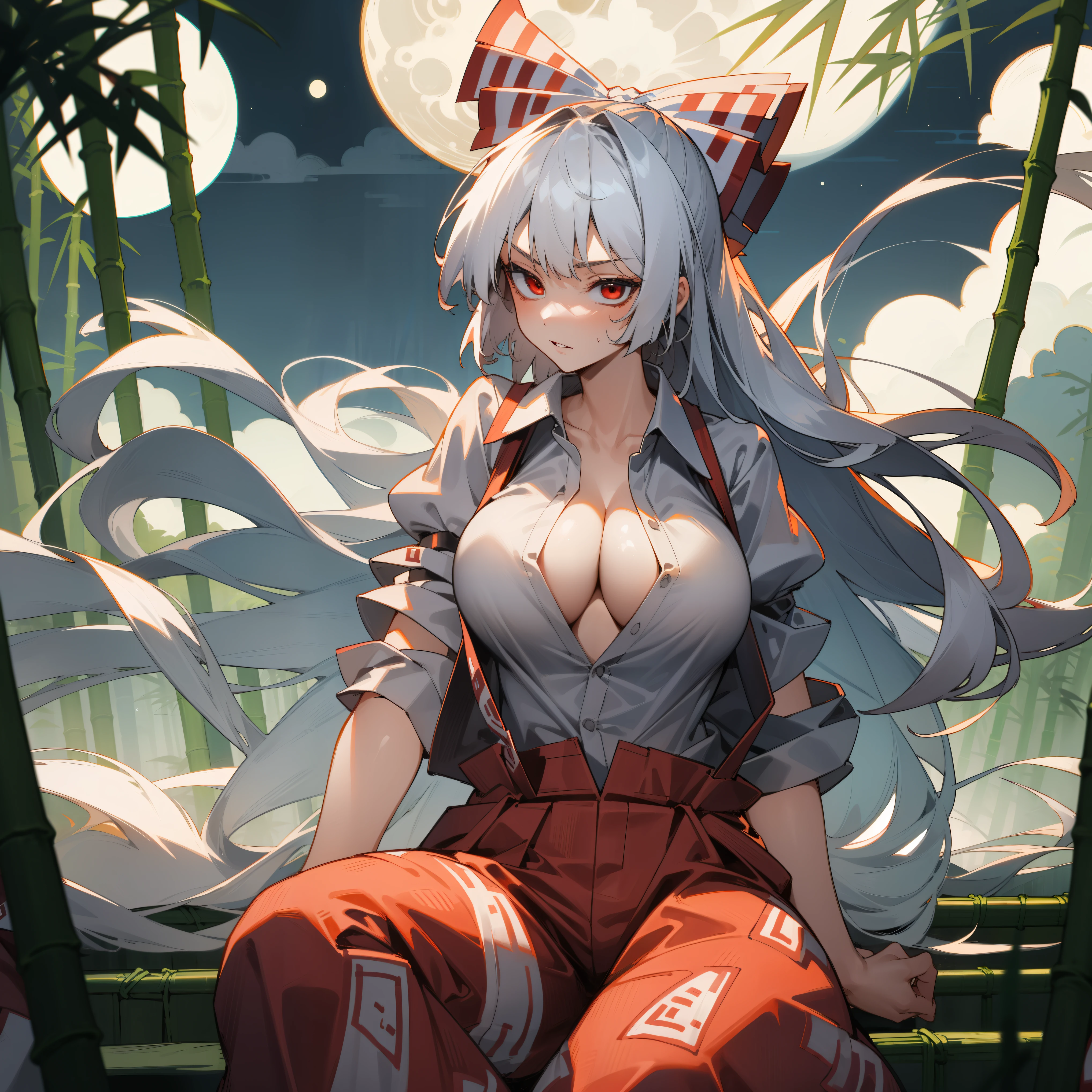 1girl, Fujiwara no Mokou(from Touhou. She has huge tits) in bamboo forest. She has white hair, red eyes. She's wearing a white shirt, sit, night, moon, hair ribbons, unbuttoned shirt,