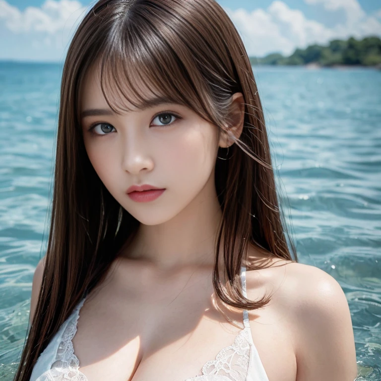 overhead shot,floating on water,lying,on back,stretching,1girl,(ultra detailed skin),curvy,petite,beautiful breasts,large breasts,pale skin,pointy breasts,erect nipples,(fantasy art,Highest image quality,Hyperrealist portrait,(8k),ultra-realistic,best quality, high quality, high definition, high quality texture,high detail,beautiful detailed,fine detailed,extremely detailed cg,detailed texture,a realistic representation of the face,masterpiece,Sense of presence,Dynamic,bold),bob hair,(ultra thin hair),(ultra soft hair),(ultra straight hair:1.5),Swept long bangs,extra light coppery amber hair,hair over one eye