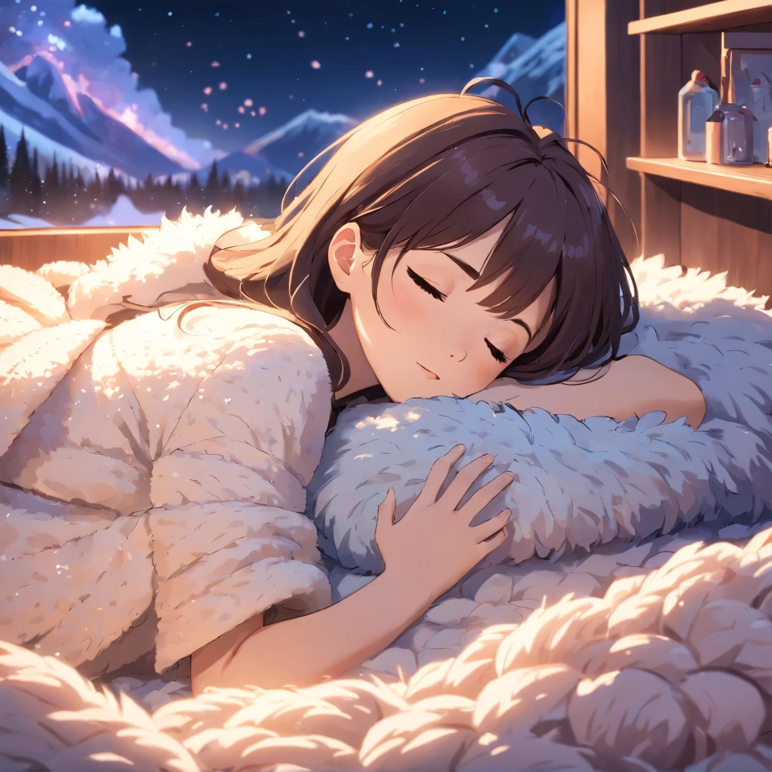 Close view of a cute beautiful girl sleeping in a fluffy wool fantasy bed. The girl's serene expression is highlighted by the soft, diffused lighting that emanates from the canopy above. The details of the fluffy wool bedding are vividly captured, revealing intricate textures and patterns. The use of a Canon EOS R6 Mark II with a Sigma 50mm f/1.4 DG HSM Art Lens ensures every nuance of the scene is captured in high resolution, creating a photorealistic image that conveys both the coziness of the setting and the peacefulness of the girl's slumber.