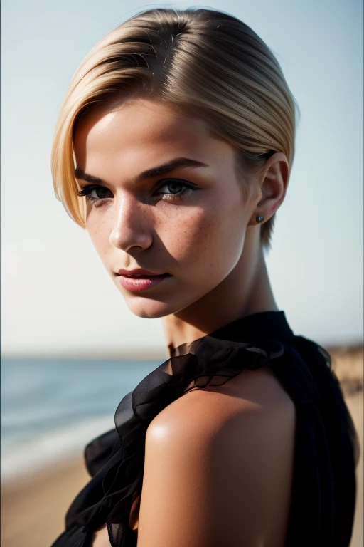 (a cute girl in a dramatic pose, 20 years old, small tits, skinny:1.1), nsfw, (best quality, high quality, photograph, hyperrealism, masterpiece, 8k:1.3), german, burly, medium blonde pixie cut, legskin, dark skin, freckles skin, sad, (low-key lighting, dramatic shadows and subtle highlights:1.1), adding mystery and sensuality, trending on trending on artsy, concept art, (shot by helmut newton:1.1), rule of thirds, black and white, modern, shot from side, sedicive pose