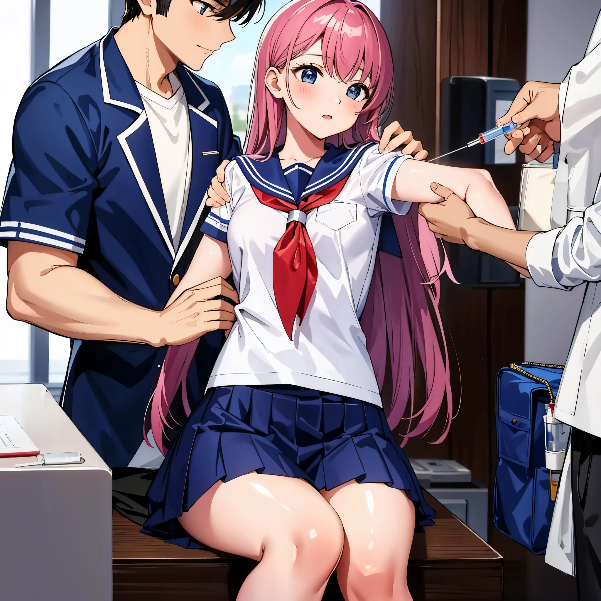 High school girl in a sailor suit receiving vaccination、a man holds a syringe