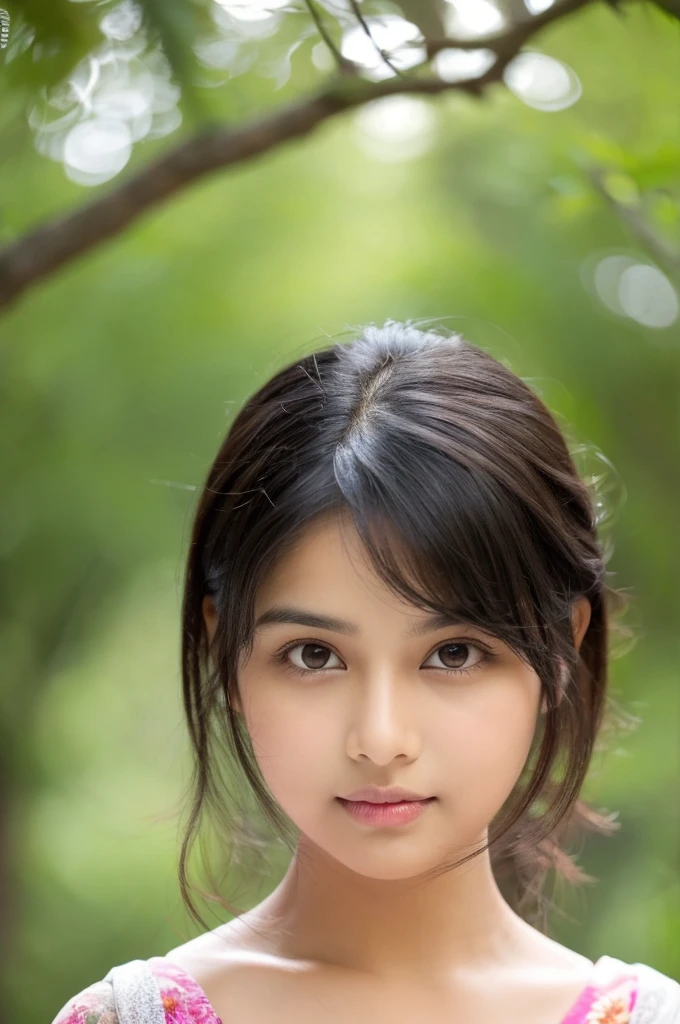 a sharp jawline with a chubby chin cute indian girl with medium brown-black hair with a cute eyes