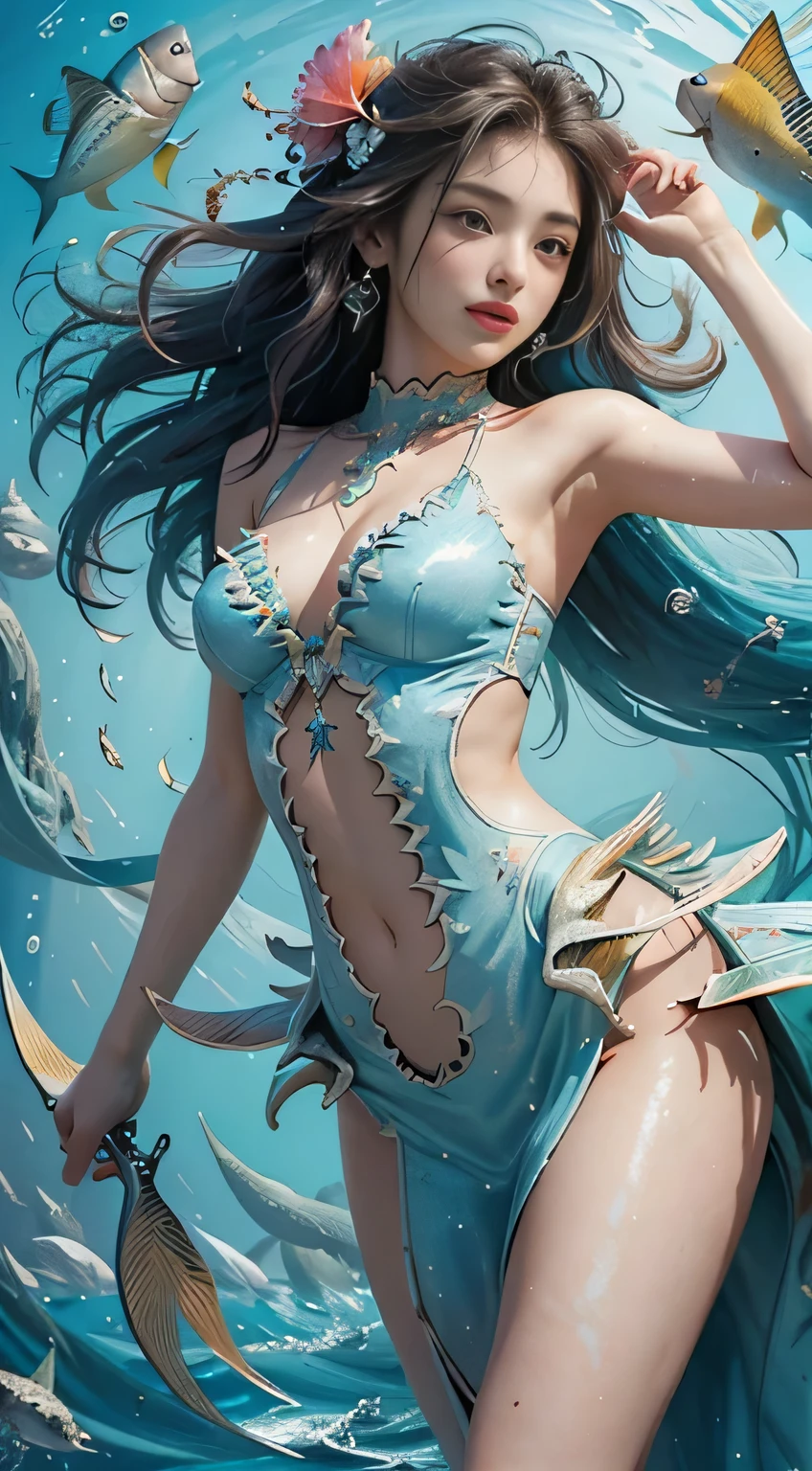 (masterpiece、highest quality、highest quality、official art、beautiful and aesthetic:1.2)、(1 girl:1.3)、((Accurate ??????? body and hands:1.5))、beautiful face、extremely perfect face、Big eyes、cute smile、very detailed、(fractal art:1.1)、(colorful:1.1)(flower:1.3)、most detailed、( zentangle:1.2)、(dynamic pose)、(Change the pose)、(dynamic angle)、(abstract background:1.3)、(shiny skin)、(many colors:1.4)、(earrings)、(Fish fins:1.5)、(放water器:1.3)、water色背景、water、light、explosion、waterの流れ
、gust of wind、Bubble、Soap bubble、veiled dress、半透明のwater色ドレス、Lots of Fish、beautiful face、perfect proportions、big breasts、thin waist、navel、big ass、gap between crotches、thighs、