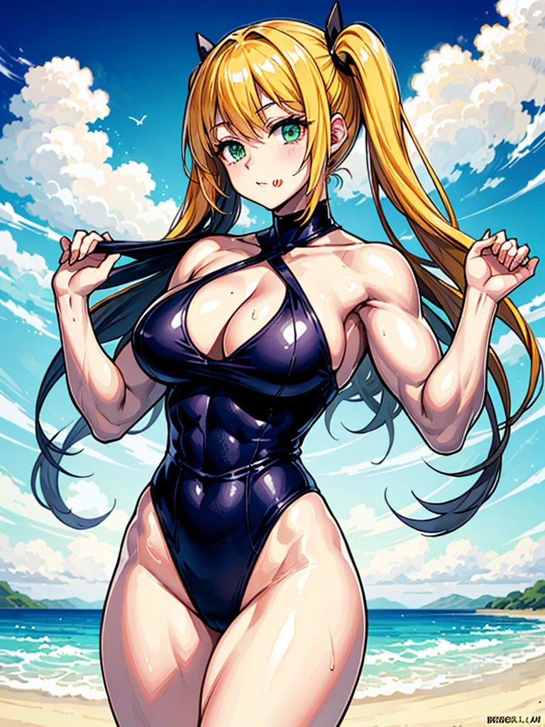 （（（masterpiece、Highest image quality、highest quality、highly detailed unity 8ｋwallpaper）））、（（Illustration of one girl））、（（（beautiful girl、cool）））、（（blonde、pixie cut：1.2、two side up、sidelocks、green eyes））、（（（tall、stocky build, thickset physique：1.3, muscular legs, broad shoulders, solid chest）））、swimsuit、sandy beach