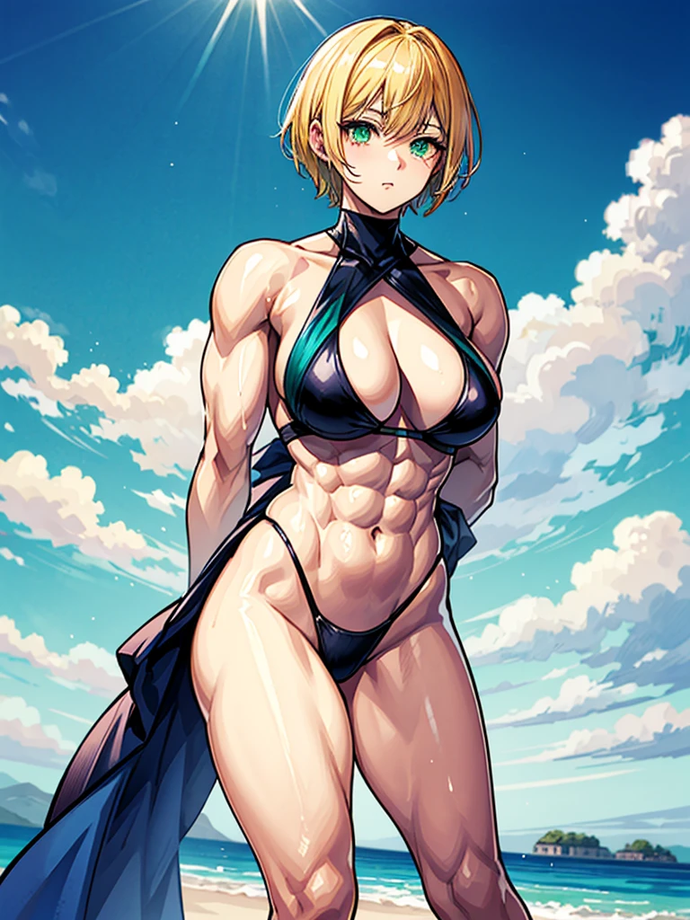 (((masterpiece、Highest image quality、highest quality、highly detailed unity 8kwallpaper)))、((Illustration of one girl))、(((beautiful girl、cool)))、((blonde、pixie cut:1.2、two side up、sidelocks、green eyes))、(((tall、stocky build, thickset physique:1.3, muscular legs, broad shoulders, solid chest)))、swimsuit、sandy beach