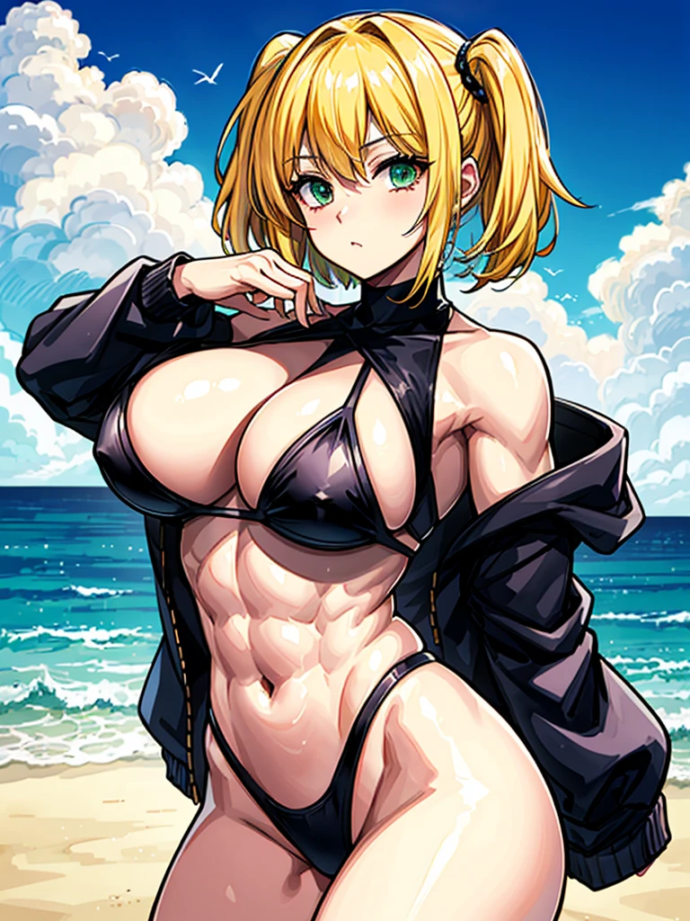 （（（masterpiece、Highest image quality、highest quality、highly detailed unity 8ｋwallpaper）））、（（Illustration of one girl））、（（（beautiful girl、cool）））、（（blonde、pixie cut：1.2、two side up、sidelocks、green eyes））、（（（tall、stocky build, thickset physique：1.3, muscular legs, broad shoulders, solid chest）））、swimsuit、sandy beach