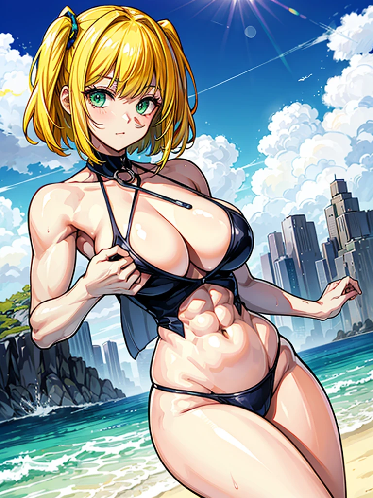 （（（masterpiece、Highest image quality、highest quality、highly detailed unity 8ｋwallpaper）））、（（Illustration of one girl））、（（（beautiful girl、cool）））、（（blonde、pixie cut：1.2、two side up、sidelocks、green eyes））、（（（tall、stocky build, thickset physique：1.3, muscular legs, broad shoulders, solid chest）））、swimsuit、sandy beach